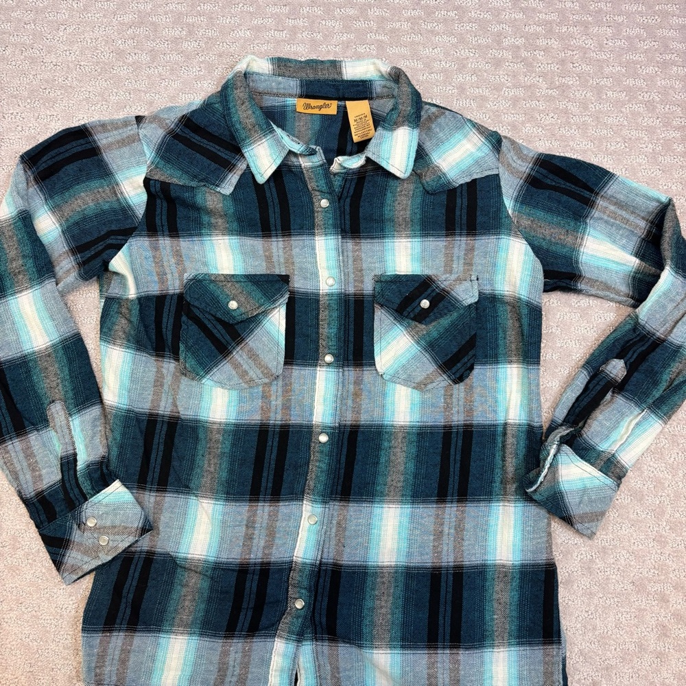 Wrangler Blue Plaid Western Rodeo Pearl-Snap Cowgirl Flannel Long Sleeve Sz M